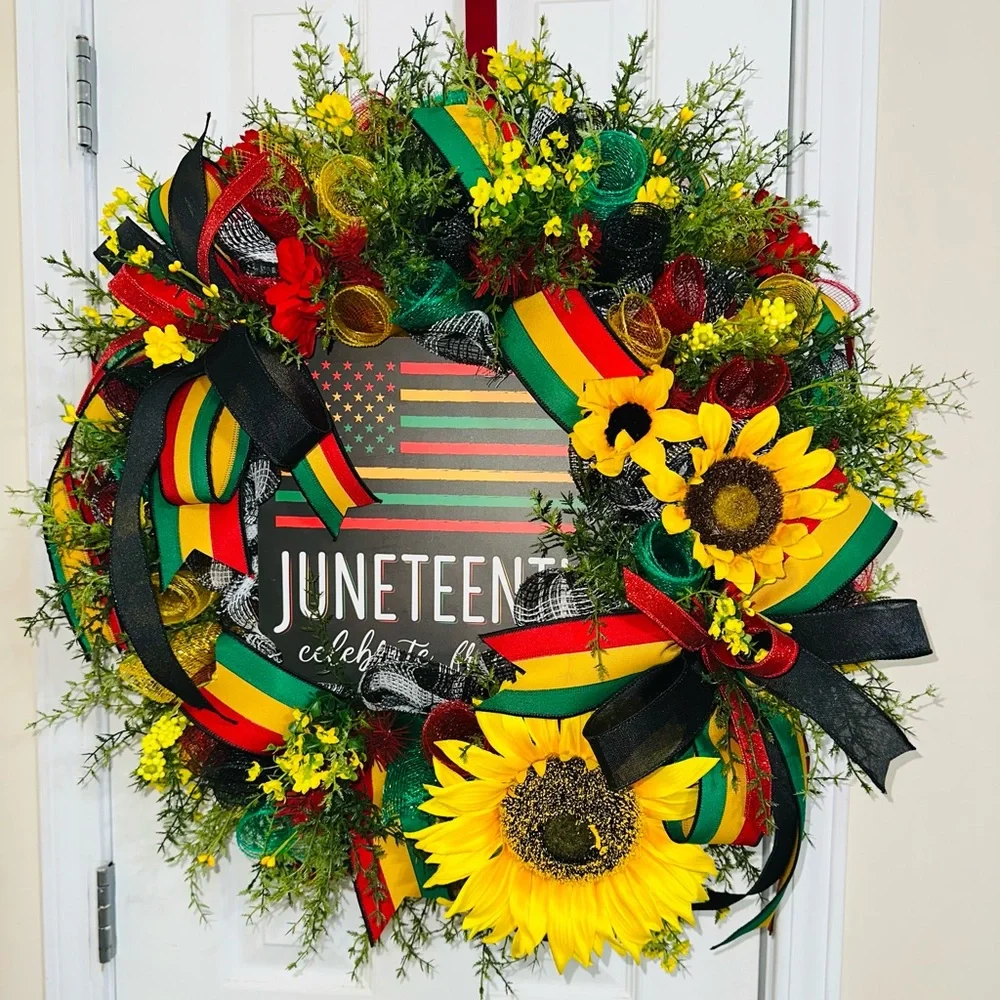 Juneteenth Celebration Sunflower Wreath - Yellow, Red & Green